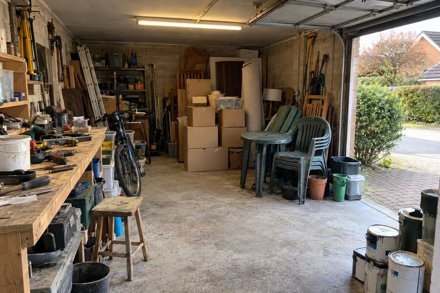 Cluttered single garage full of tools, boxes and garden furniture