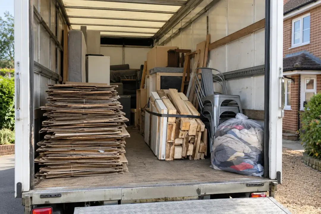 Cardboard, timber, chairs and textiles sorted for recycling in the back of a van