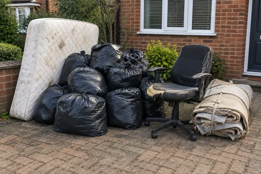 Bags of household rubbish and old furniture ready for collection